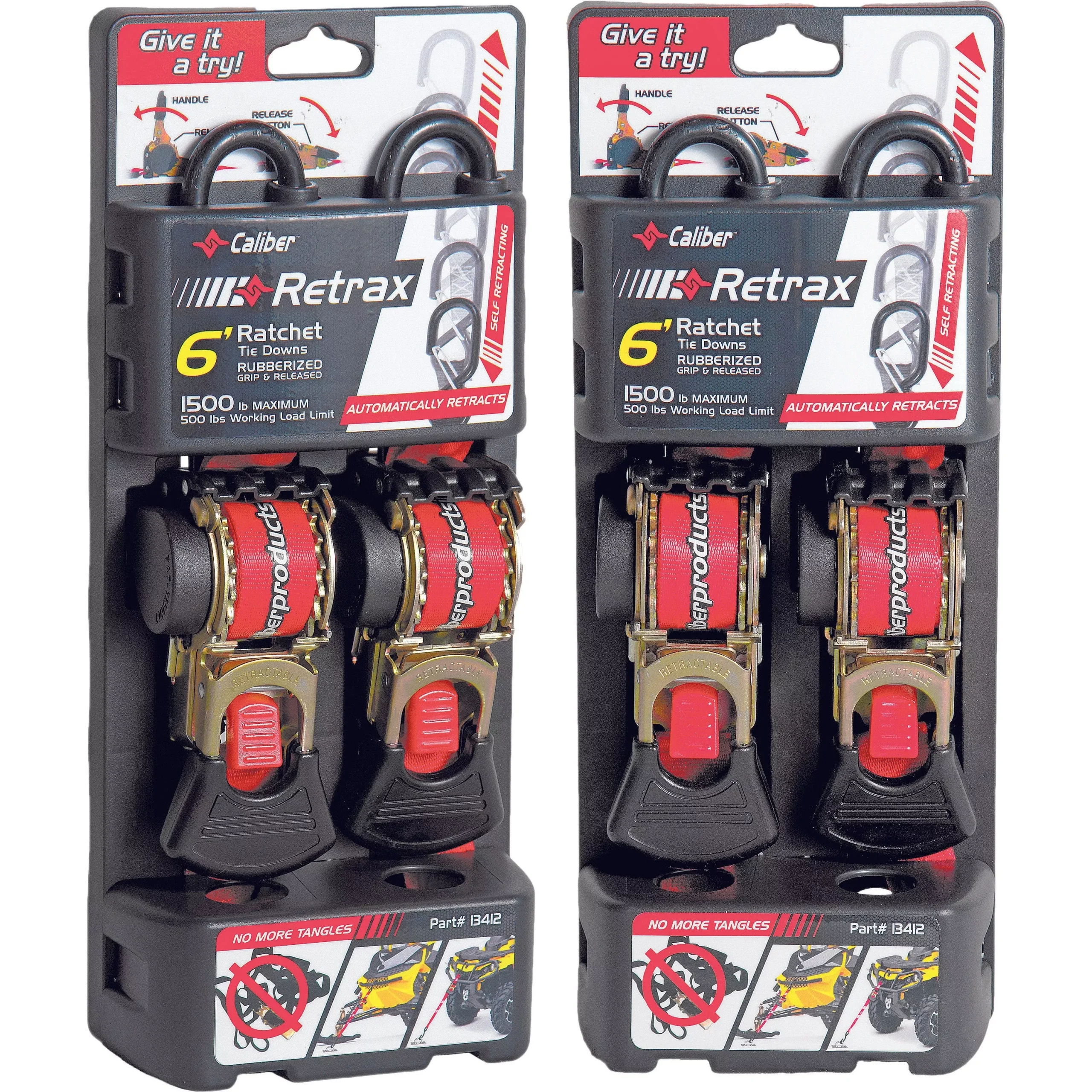 Caliber Retrax 6′ Self Rewind Tiedown Strap Kit Pair 13412