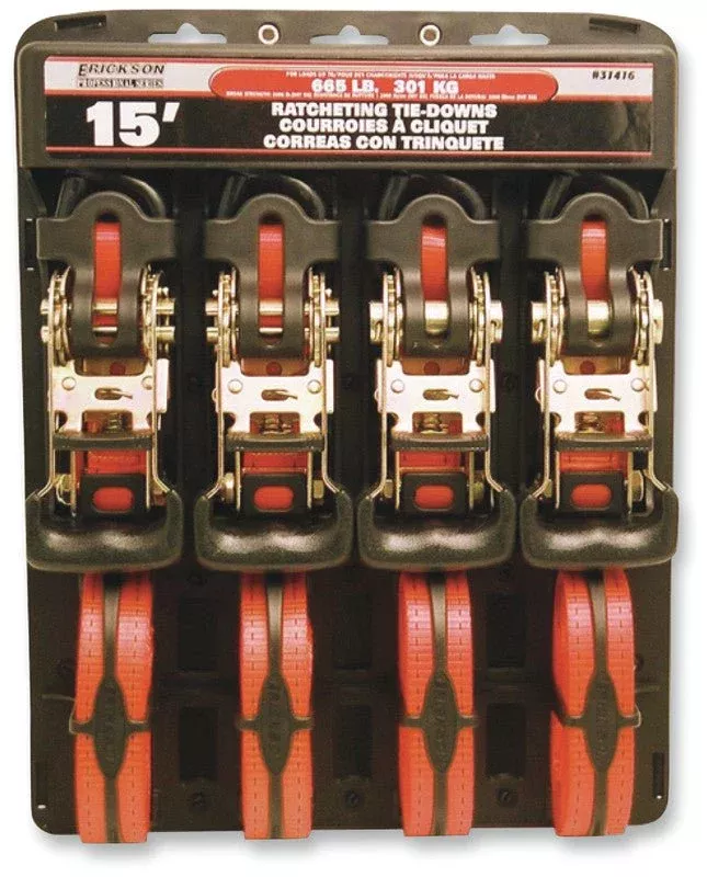 Erickson 1"X15' 2000lb Rubbr Ratchet Tie-Down 4 Pack