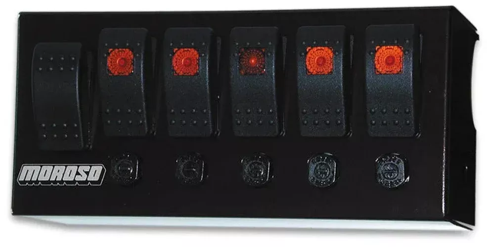 Moroso Rocker Switch Panel – Cage Mount – LED – 3.75in x 8in – Five On/Off Switches