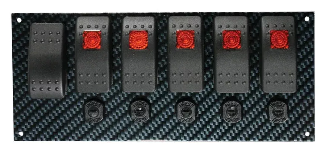 Moroso Rocker Switch Panel – Dash Mount – LED – 8in x 3-13/32in – Grey/Black Fiber Design