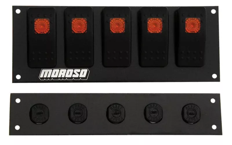 Moroso Rocker Switch Panel – Flat Surface Mount – LED – 2.488in x 6.695in – Five On/Off Switches