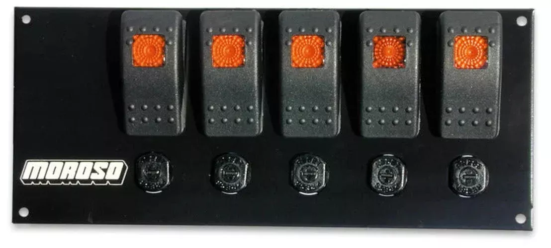 Moroso Rocker Switch Panel – Flat Surface Mount – LED – 3-3/8in x 8in – Five On/Off Switches