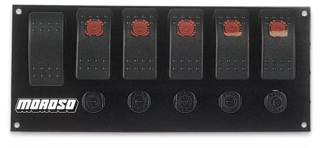 Moroso Rocker Switch Panel – Flat Surface Mount – LED – 3.3888in x 8in – Five On/Off Switches