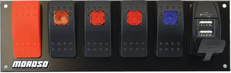 Moroso Rocker Switch Panel – Flat Surface Mount – LED w/USB – 2.488in x 7.85in -Five On/Off Switches