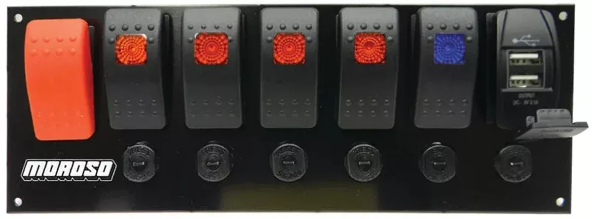 Moroso Rocker Switch Panel – Flat Surface Mount – LED w/USB – 3.388in x 9.15in -Five On/Off Switches