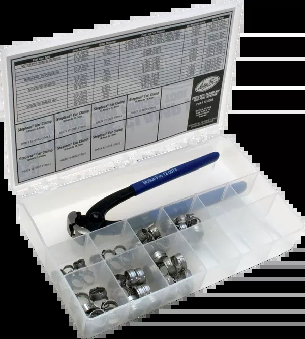 Motion Pro Ear Clamps With Pincher Tool – Fuel Line – Stepless – Assortment