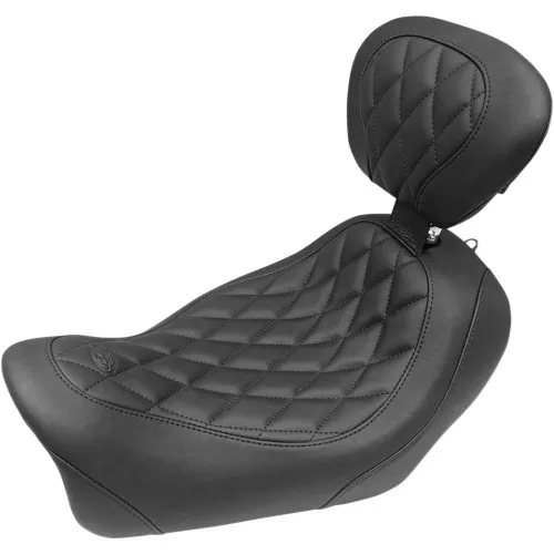 Mustang Black Wide Tripper Seat w/ Backrest for 2014-2017 Harley Dyna Fat Bob - Diamond