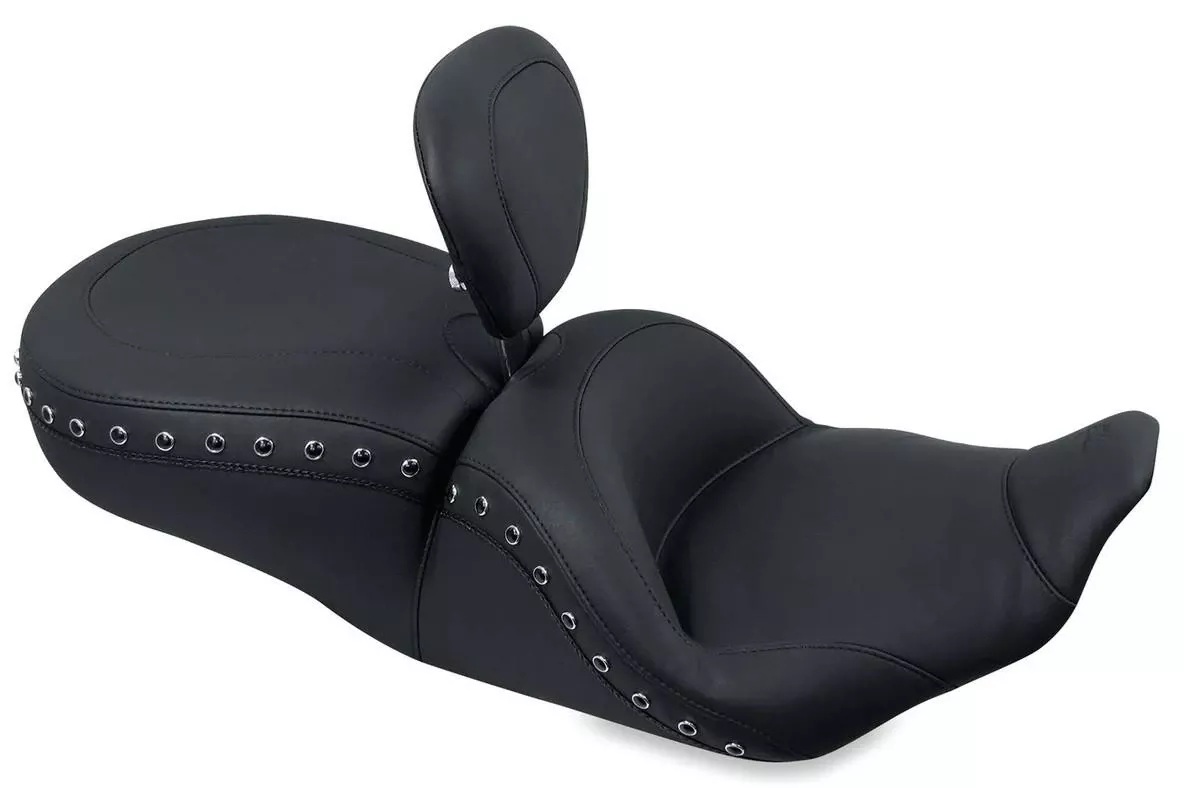 Mustang One-Piece LowDown Seat with Driver Backrest for '97-07 Harley Davidson Touring - Smooth Black Pearl-Centered Studs
