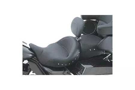 Mustang Seats One-Piece Super Touring Seat with Driver Backrest for Harley Davidson Touring Models 2008-Up -Black Studs (Not for '24-Up FLHX/FLTR Models)