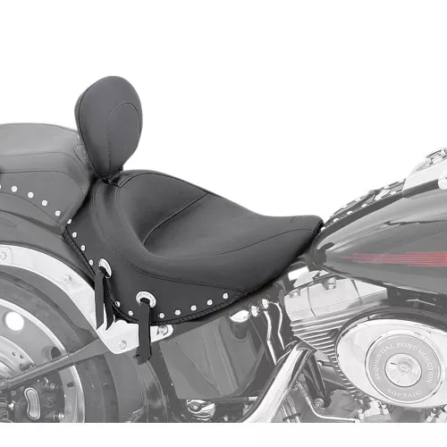 Mustang Wide Solo Seat w/ Backrest for 2006-2017 Harley Softail FXST/FLSTF - Studded
