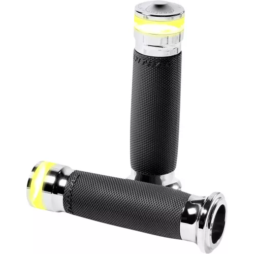 Performance Machine Vision Series Contour Grips with LED Turn Signals for Harley Electronic Throttle - Chrome