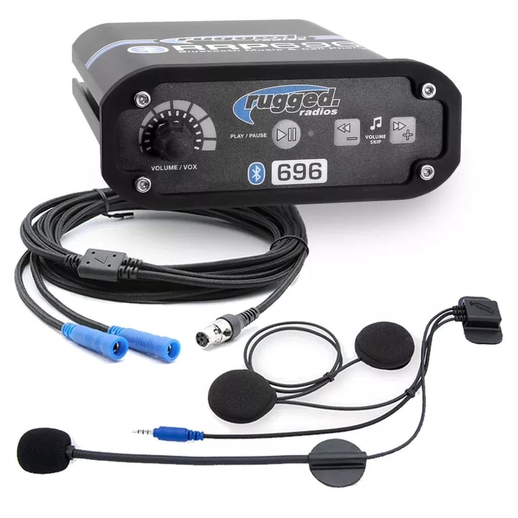 Rugged Radios 2 Person – RRP696 Gen1 Bluetooth Intercom with Super Sport Cables and Helmet Kits 696-SS-2P-HK