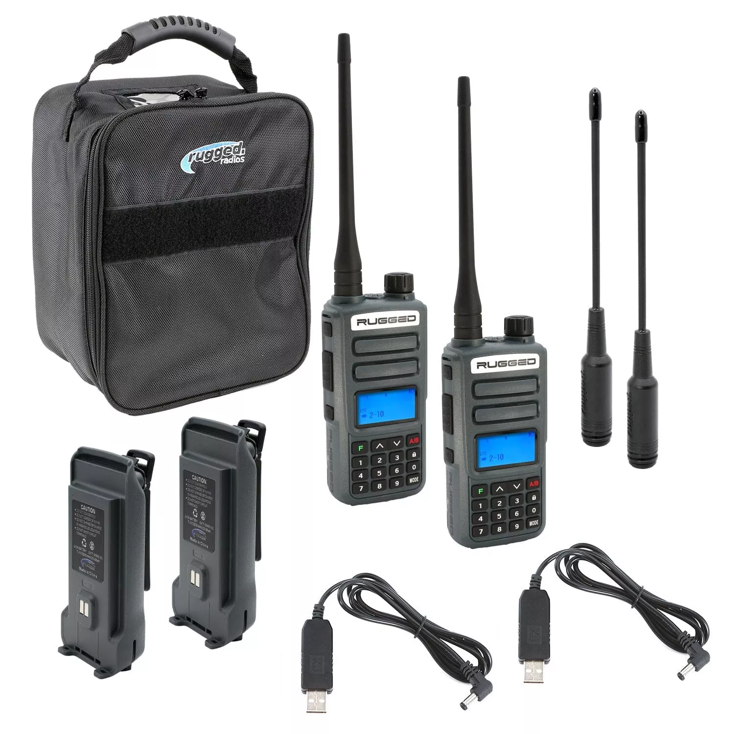 Rugged Radios ADVENTURE PACK – 2 PACK – GMR2 PLUS GMRS and FRS Two Way Handheld Radios with XL Batteries and Long Range Antennas – Grey RUGGED-ADVENTURE-PACK