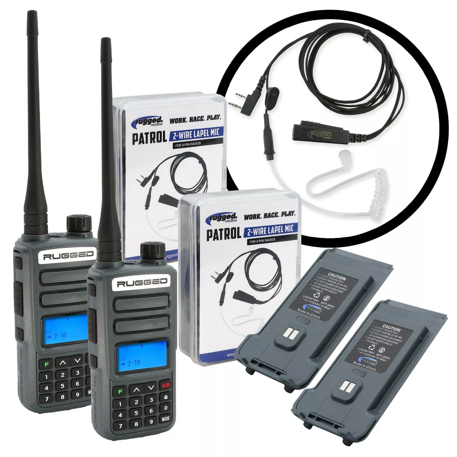 Rugged Radios GREAT OUTDOORS PACK – GMR2 PLUS GMRS and FRS Two Way Handheld Radios with Lapel Mics and XL Batteries RUGGED-OUTDOOR-PACK