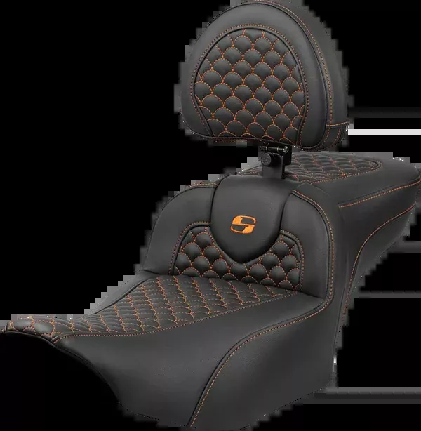 Saddlemen Roadsofa™ Extended Reach Seat – Dragon Scale Stitch – Orange Stitch – W/ Backrest – FLT/FLH ’23-’24
