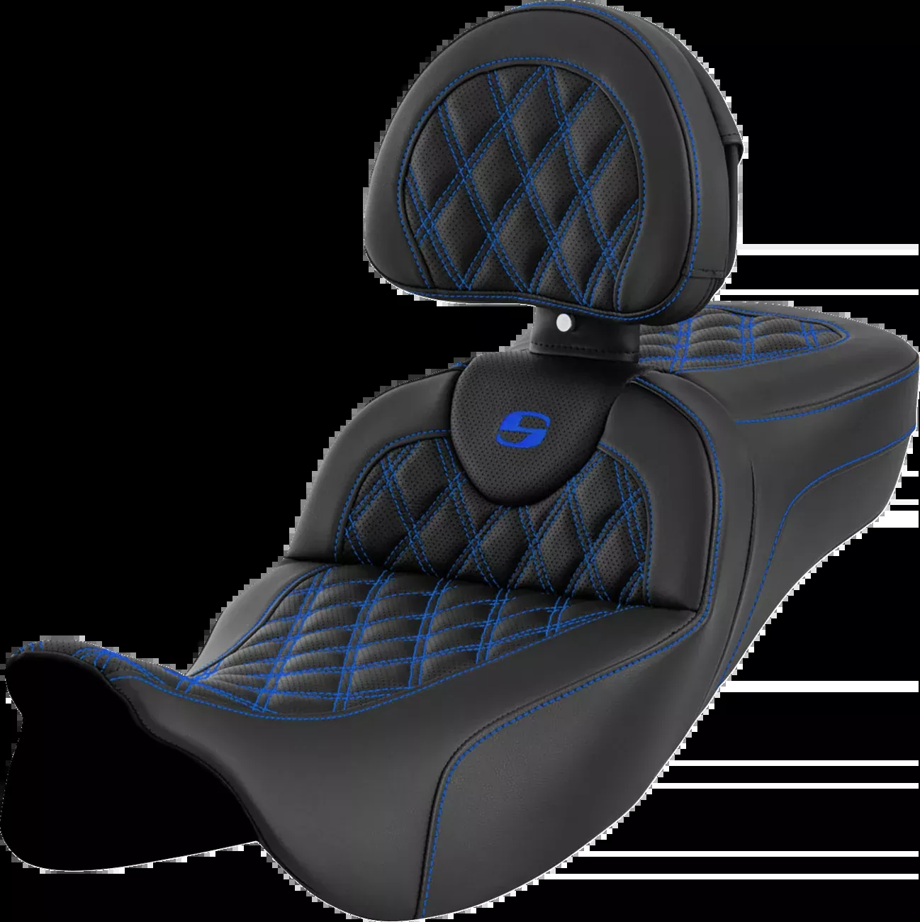Saddlemen Roadsofa™ Extended Reach Seat - Lattice Stitch - Blue Stitch - with Backrest - FL '08-'24 - 808-07B-184B1