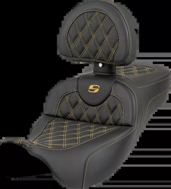 Saddlemen Roadsofa™ Extended Reach Seat - Lattice Stitch - Gold Stitch - with Backrest - FL '08-'23 - 808-07B-184B7