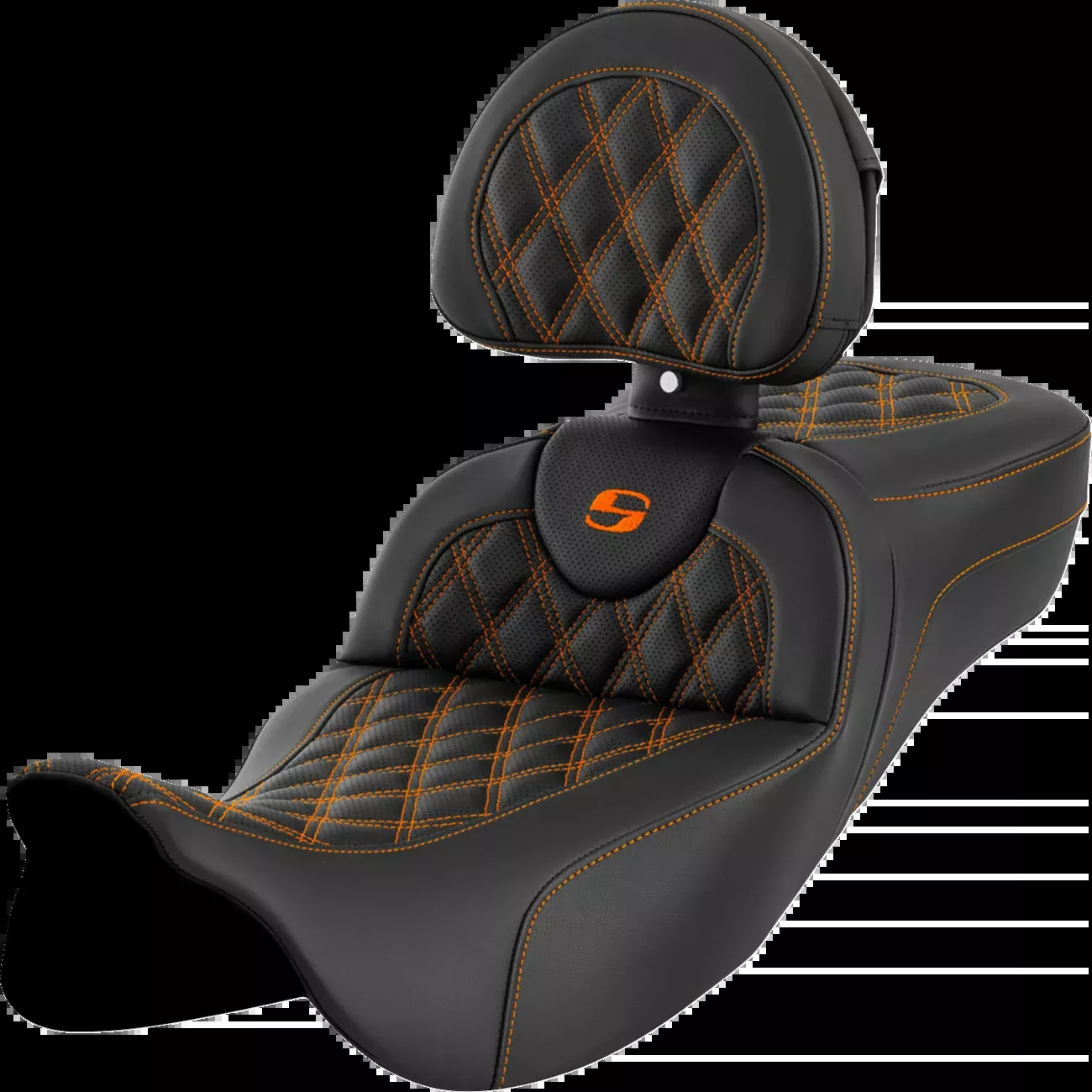 Saddlemen Roadsofa™ Extended Reach Seat - Lattice Stitch - Orange Stitch - with Backrest - FL '08-'24 - 808-07B-184B3