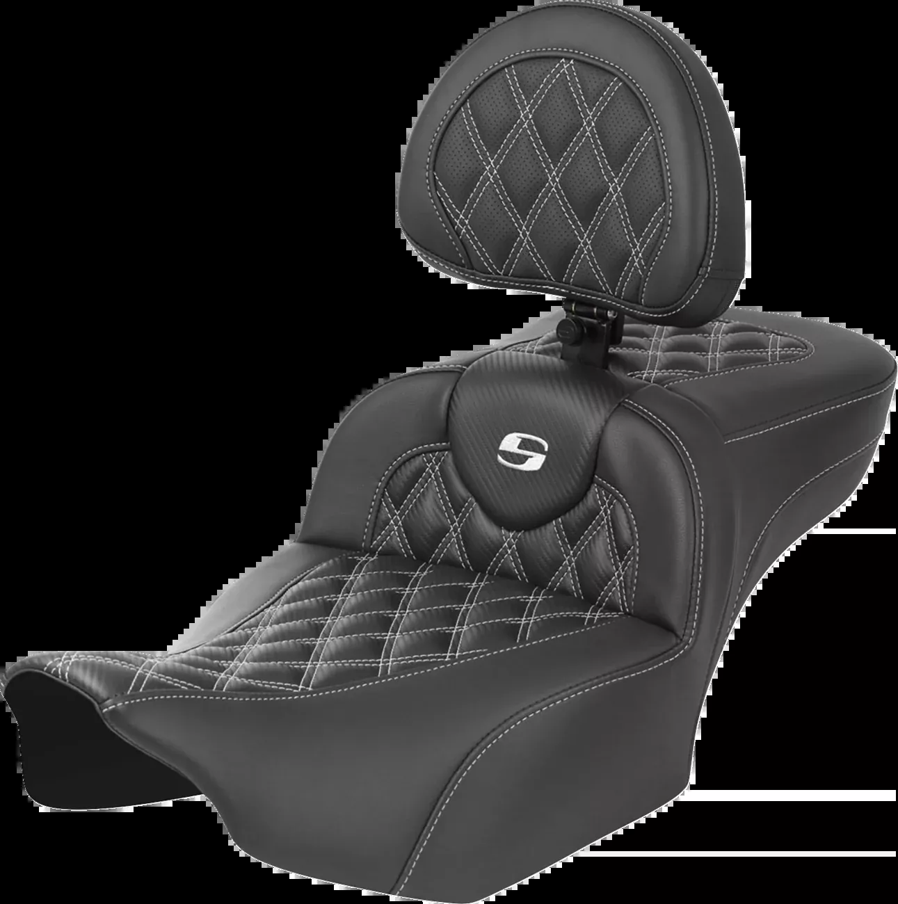 Saddlemen Roadsofa™ Extended Reach Seat – With Backrest – Lattice Stitch – White Stitch – FLTR/FLHX ’23-’24