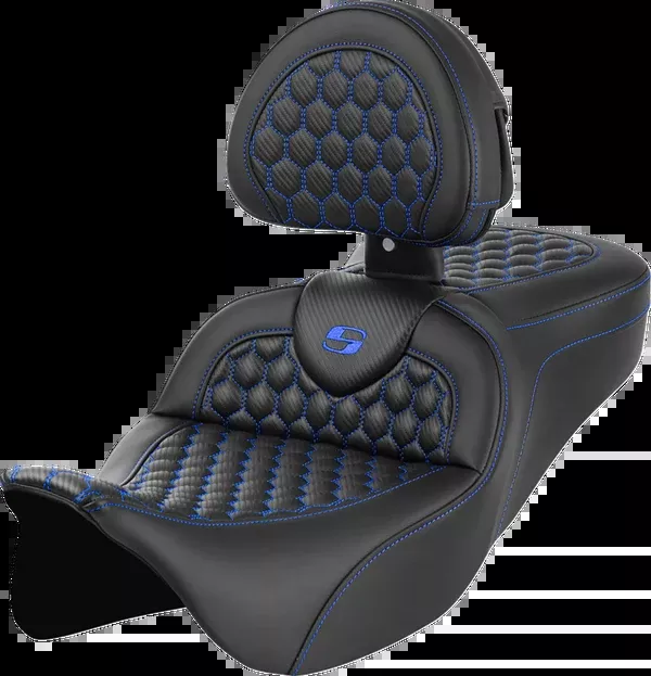 Saddlemen RoadSofa™ Seat - Honeycomb - Blue Stitch - With Backrest - FLH/FLT '08-'23