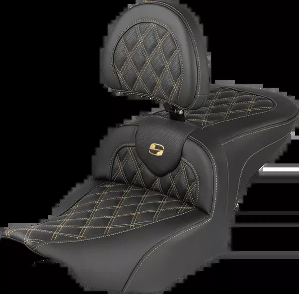 Saddlemen RoadSofa™ Seat - With Backrest - Lattice Stitch - Gold Stitch - FLH/FLT '23-'26