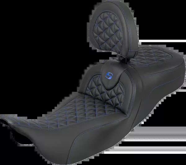 Saddlemen RoadSofa™ Tri Gripper Seat – Extended Reach – Blue Stitch – W/ Backrest – FLH/FLT ’08-’25