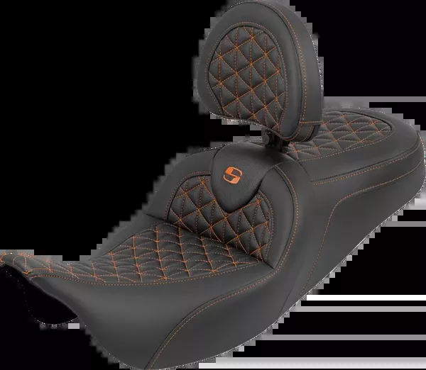 Saddlemen RoadSofa™ Tri Gripper Seat - Standard Reach - Orange Stitch - W/ Backrest - FLH/FLT '08-'25