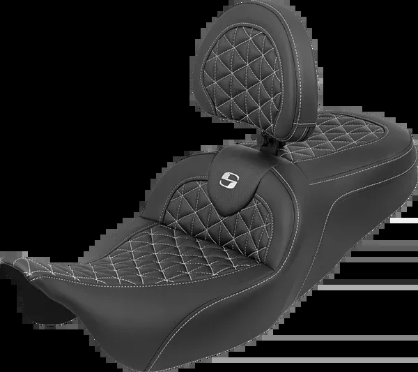 Saddlemen RoadSofa™ Tri Gripper Seat - Standard Reach - White Stitch - W/ Backrest - FLH/FLT '08-'25