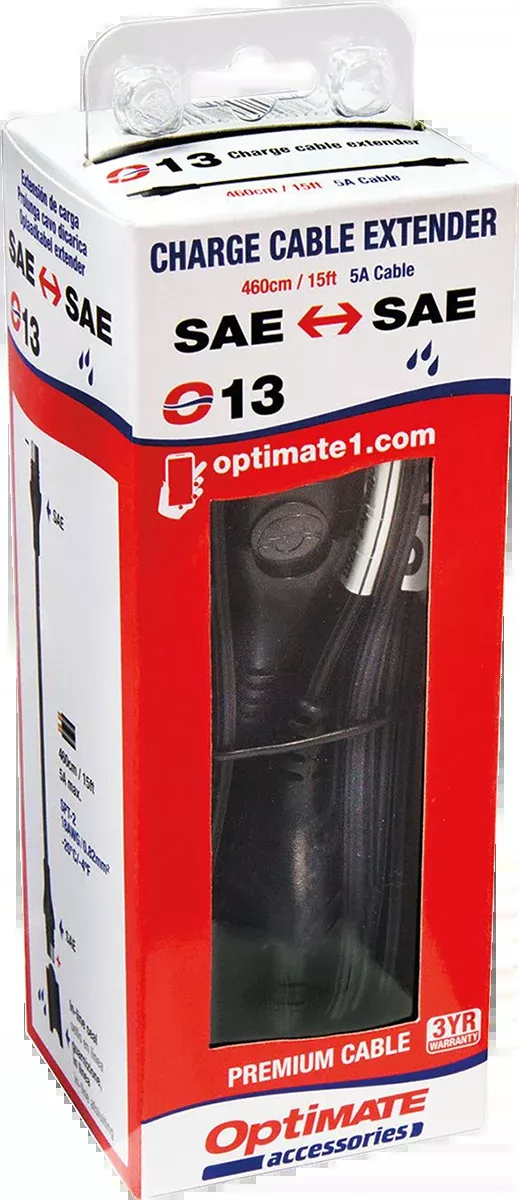 Tecmate Black 15' SAE Plug Universal Battery Pigtail Charger Extension Cable