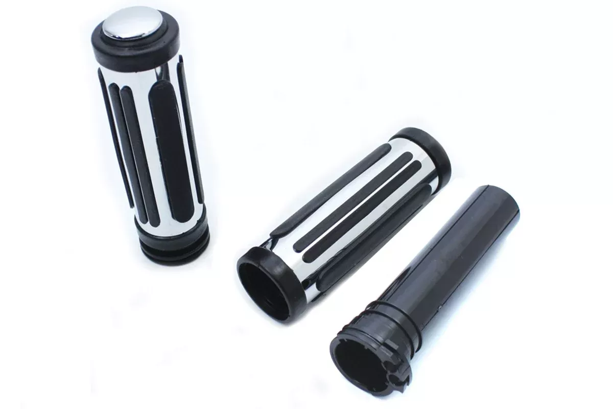 V-Twin 28-0150 Chrome Handlebar Grips w/ Rubber Inlay Harley FL XL 96-15