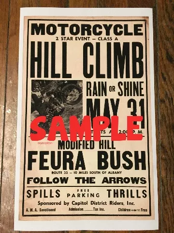 Vintage 1940's copy IndianMotorcycle hill climb Feura Bush Ny poster 14 x 22